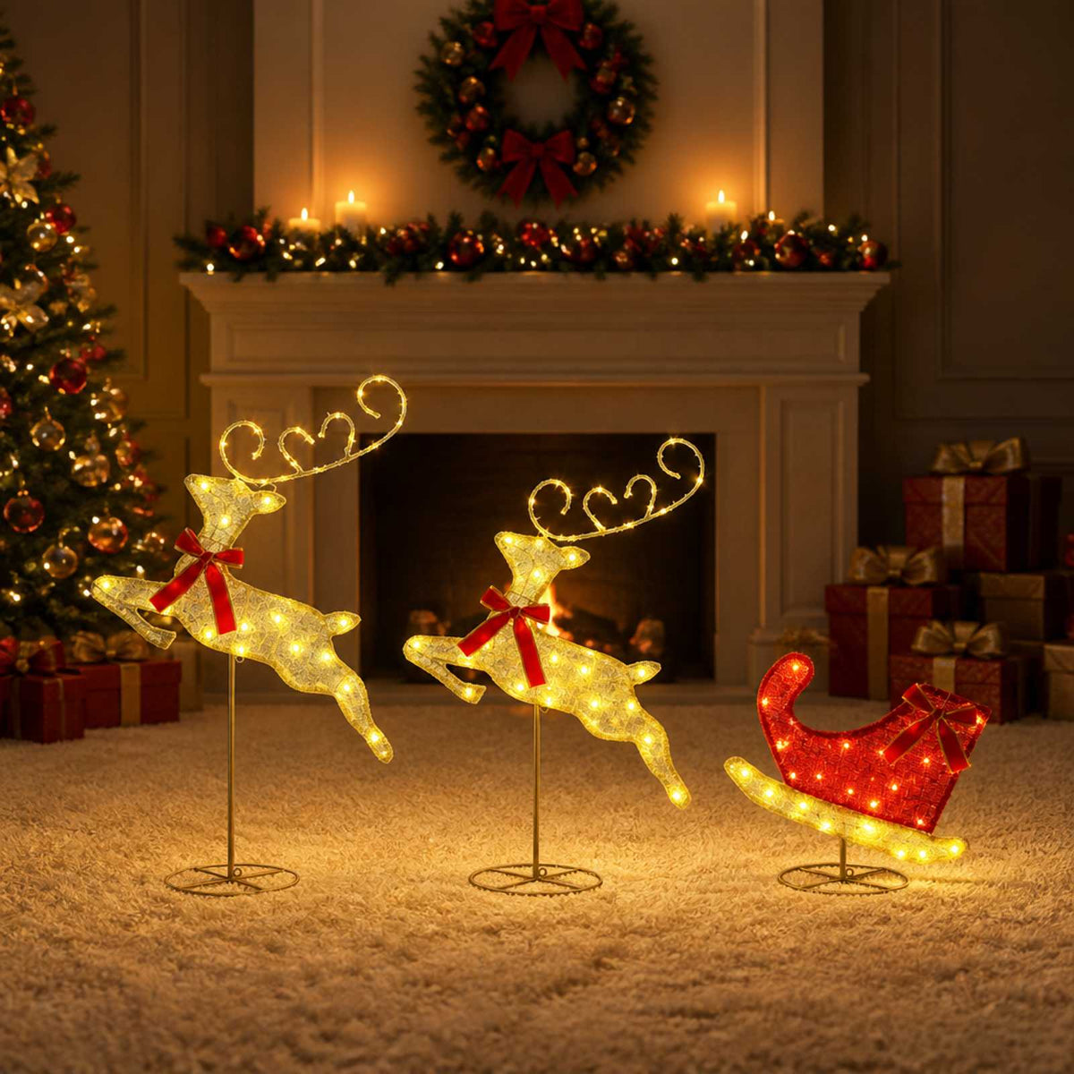Christmas Reindeer with Sleigh 3 pcs 72 LEDs Warm White