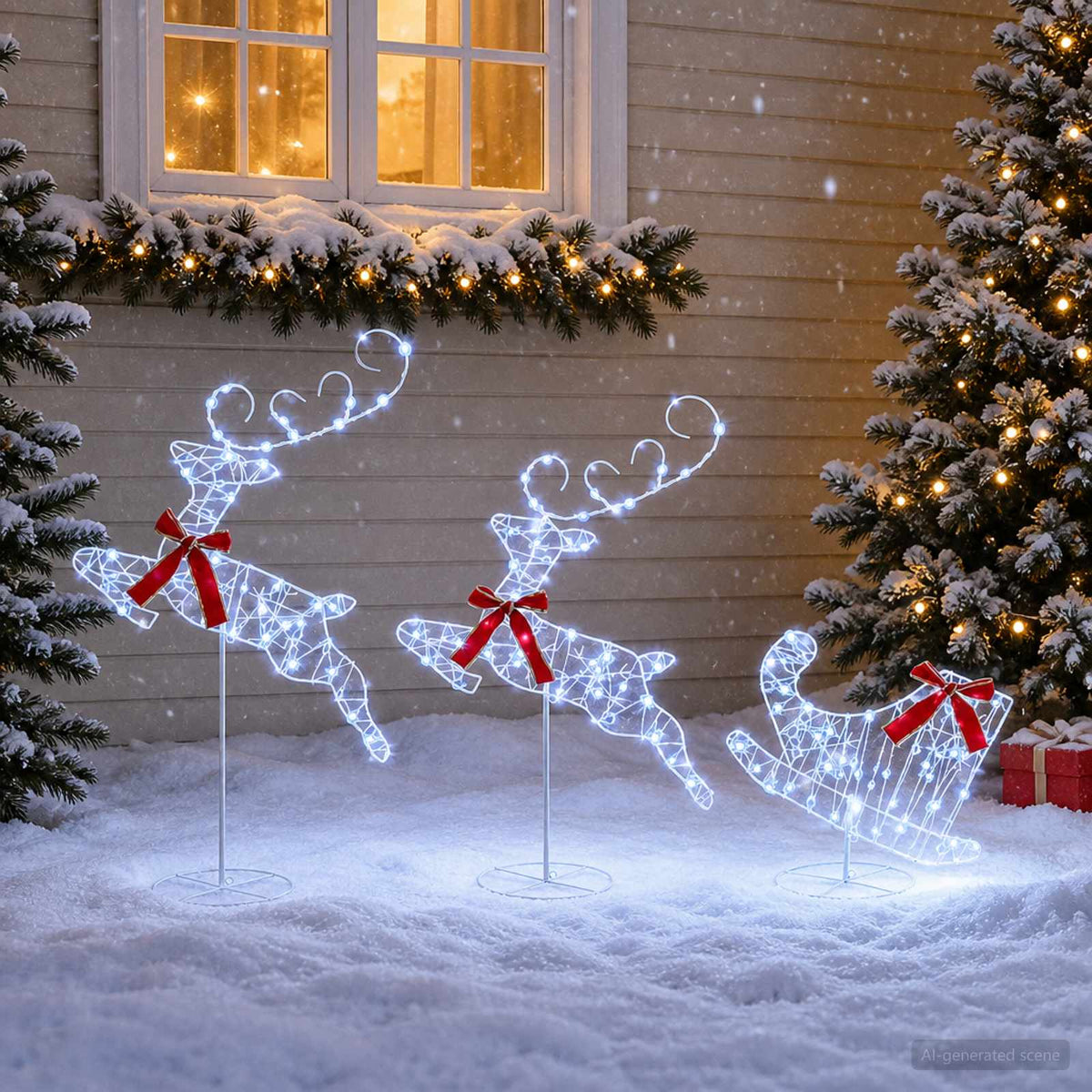 Christmas Reindeer with Sleigh 3 pcs 160 LEDs Cold White