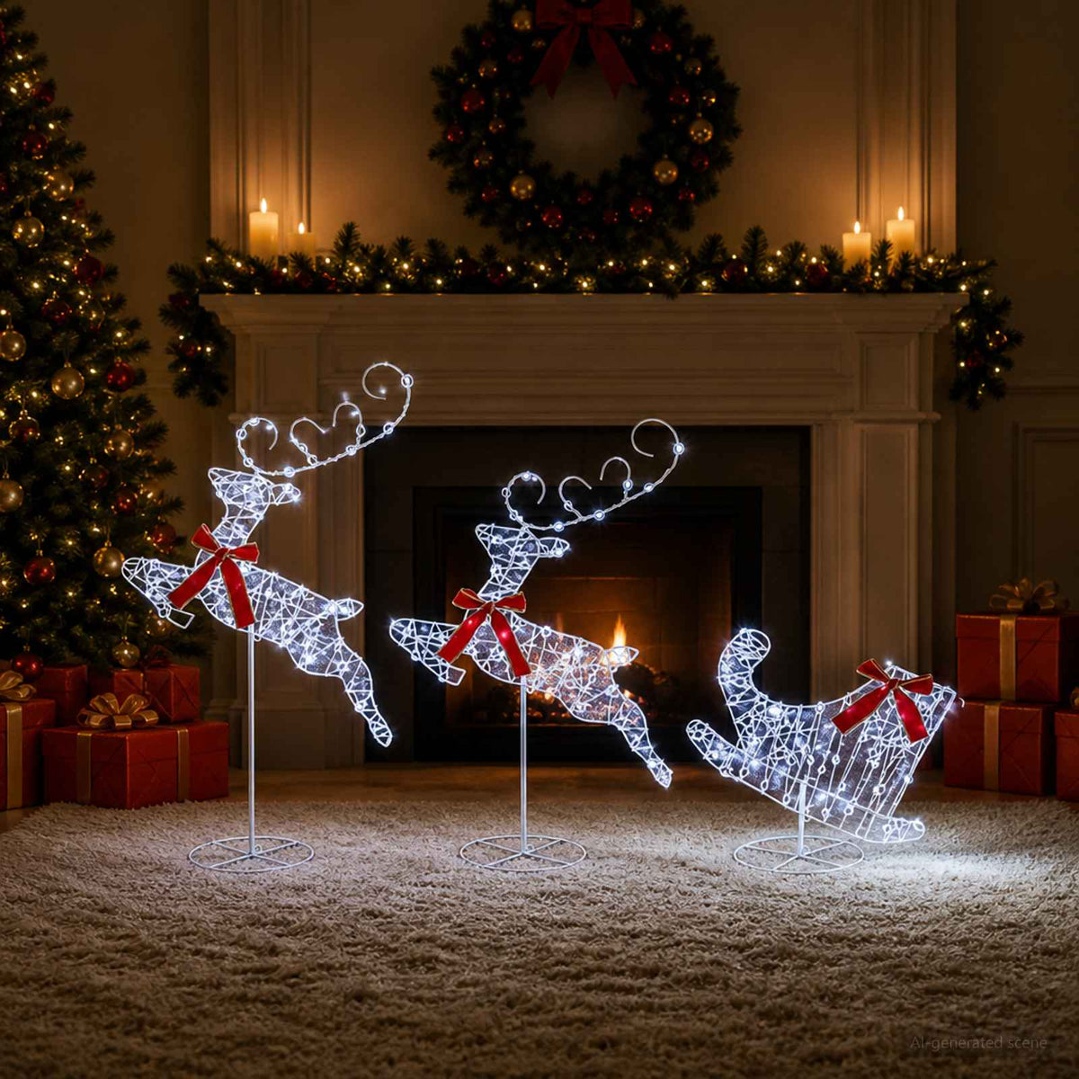 Christmas Reindeer with Sleigh 3 pcs 160 LEDs Cold White