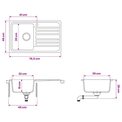 Kitchen Sink with Drainer Granite 76.5 cm x 46 cm x 28 cm