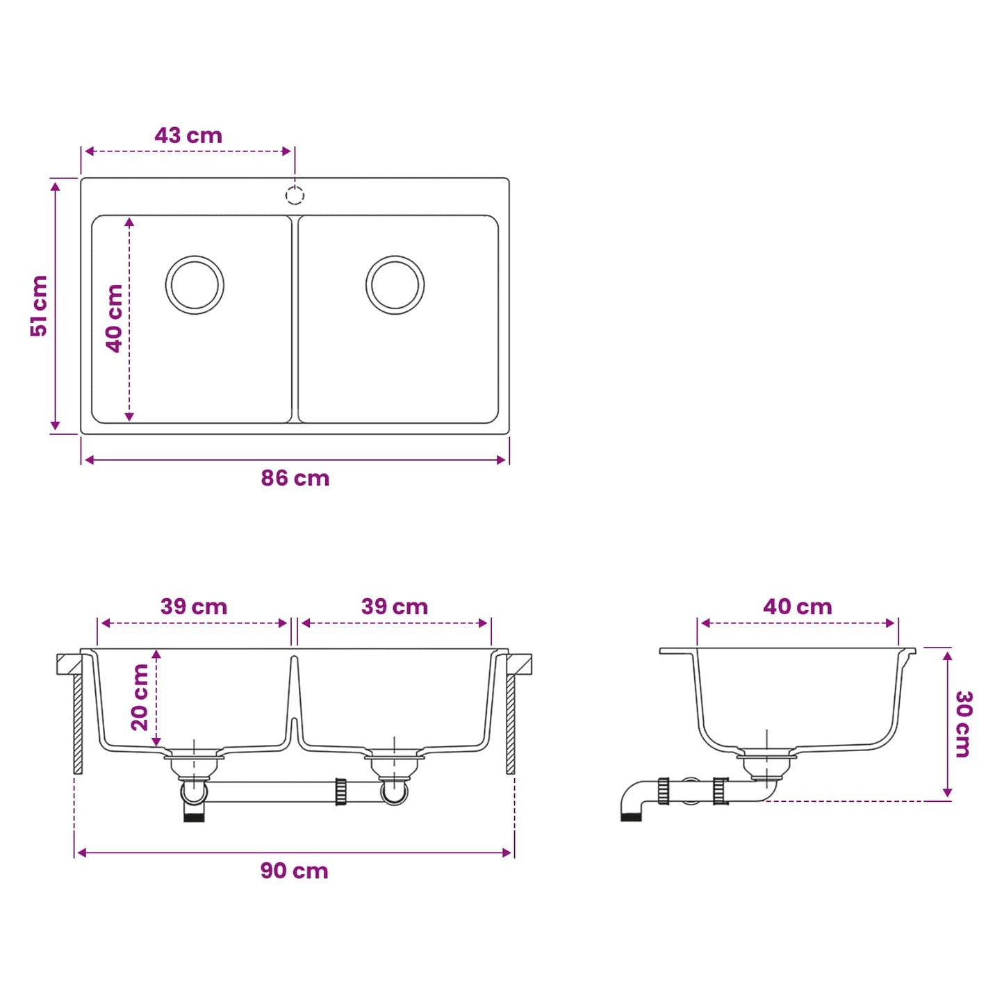 Kitchen Sink Double Basin Granite 86 x 51 x 30 cm Graphite
