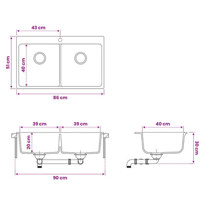 Kitchen Sink Double Basin Granite 86 x 51 x 30 cm Graphite