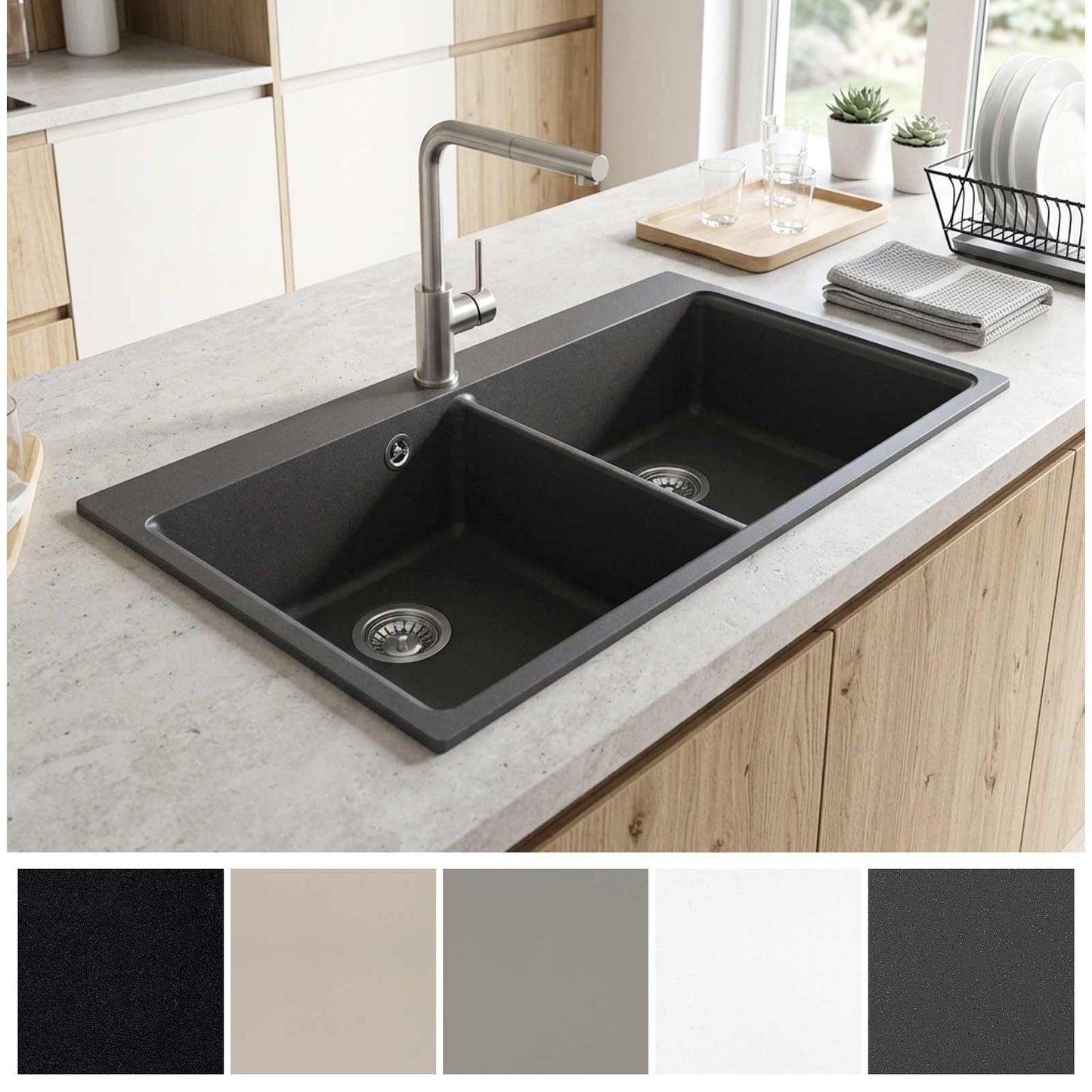 Kitchen Sink Double Basin Granite 86 x 51 x 30 cm Graphite