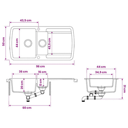Kitchen Sink Double Basin Granite 96 x 50 x 31 cm Graphite