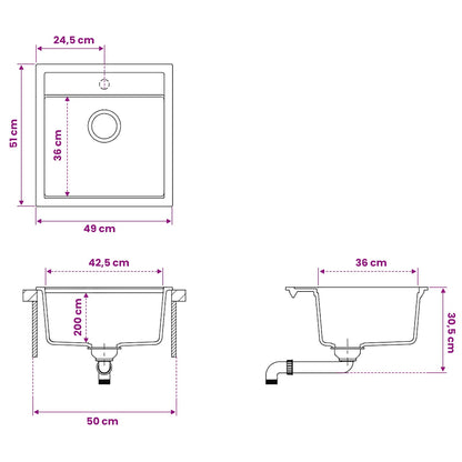 Kitchen Sink Single Basin Granite 49 x 51 x 30.5 cm Graphite