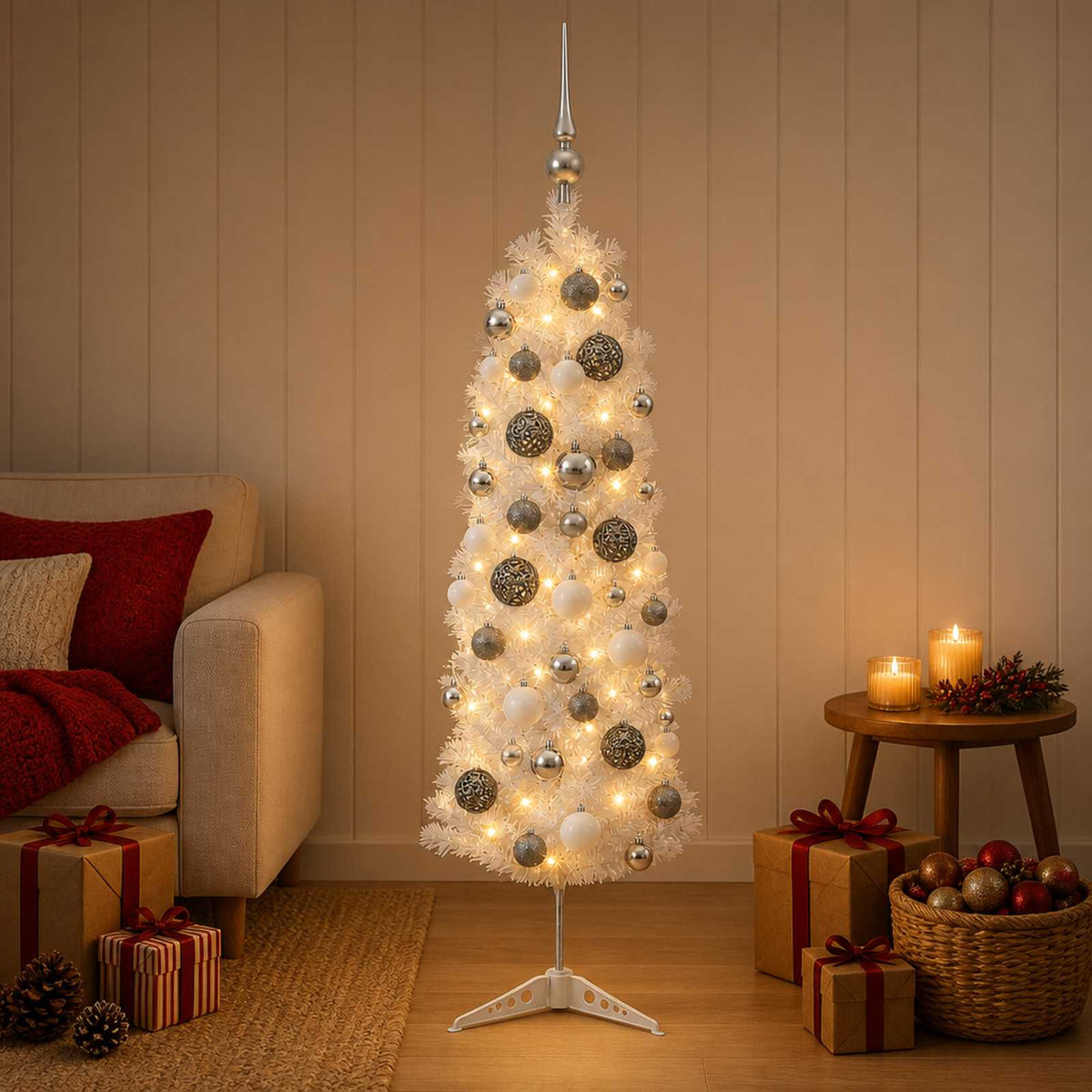 Artificial Slim Christmas Tree with Bauble 150 cm 150 LEDs