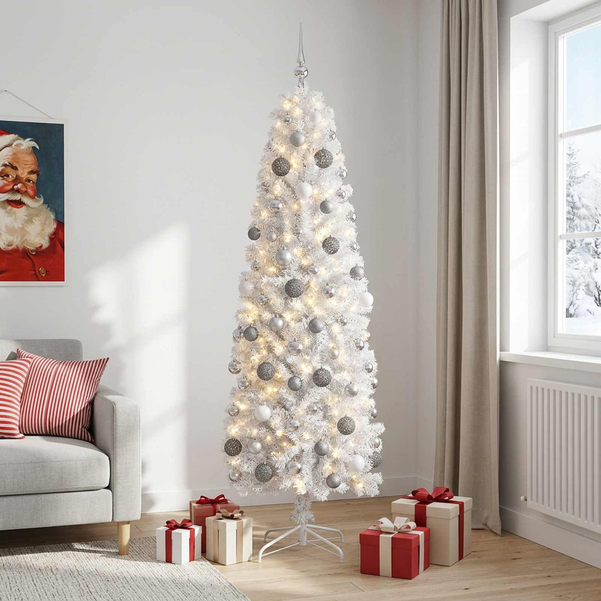 Artificial Slim Christmas Tree with Bauble 240 cm 300 LEDs