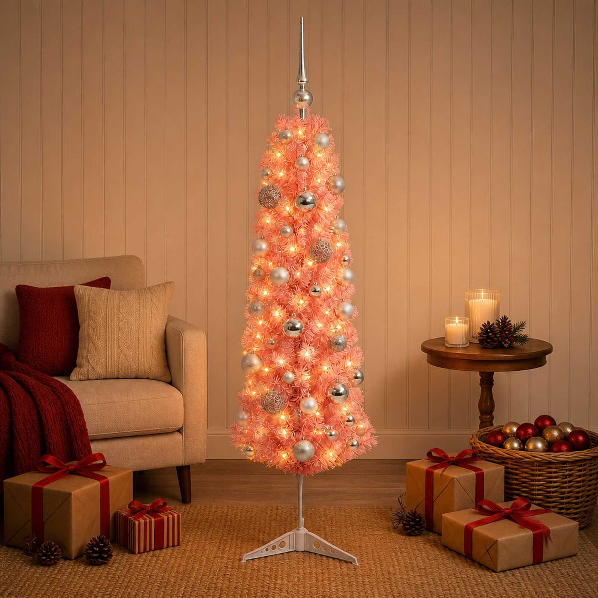 Artificial Slim Christmas Tree with Bauble 150 cm 150 LEDs