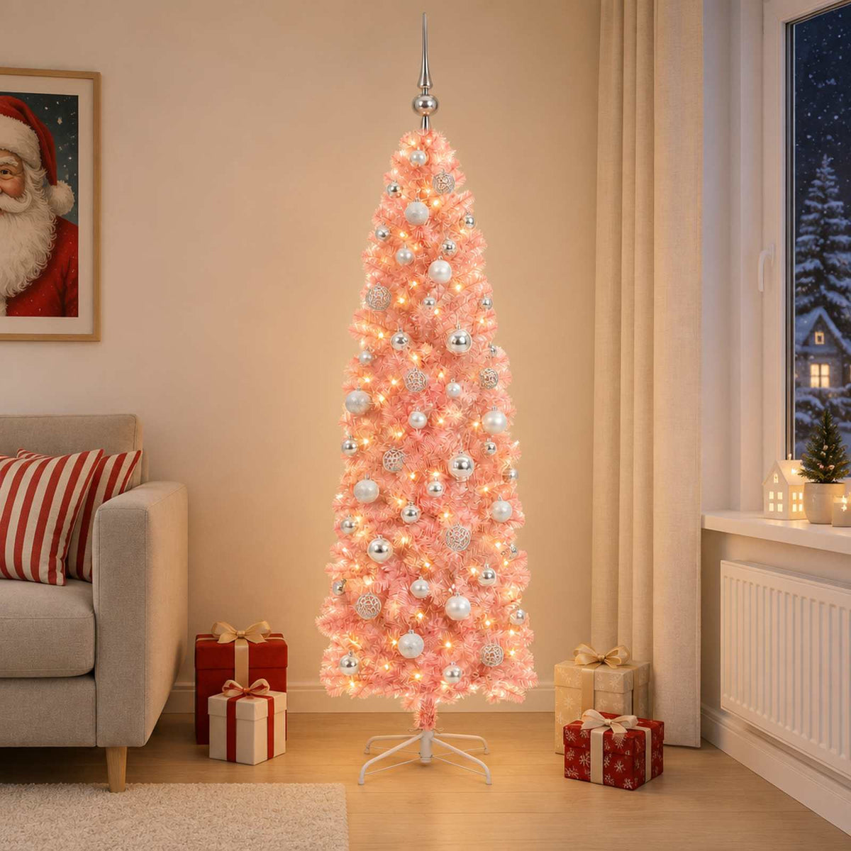 Artificial Slim Christmas Tree with Bauble 180 cm 300 LEDs