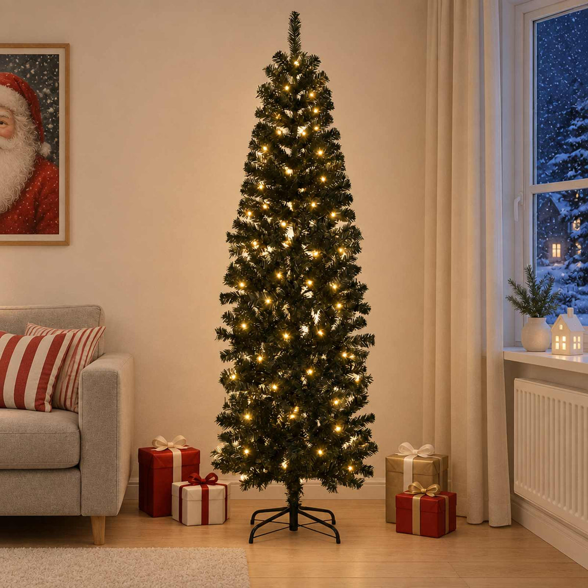 Artificial Slim Christmas Tree 210 cm 300 LEDs Warm White