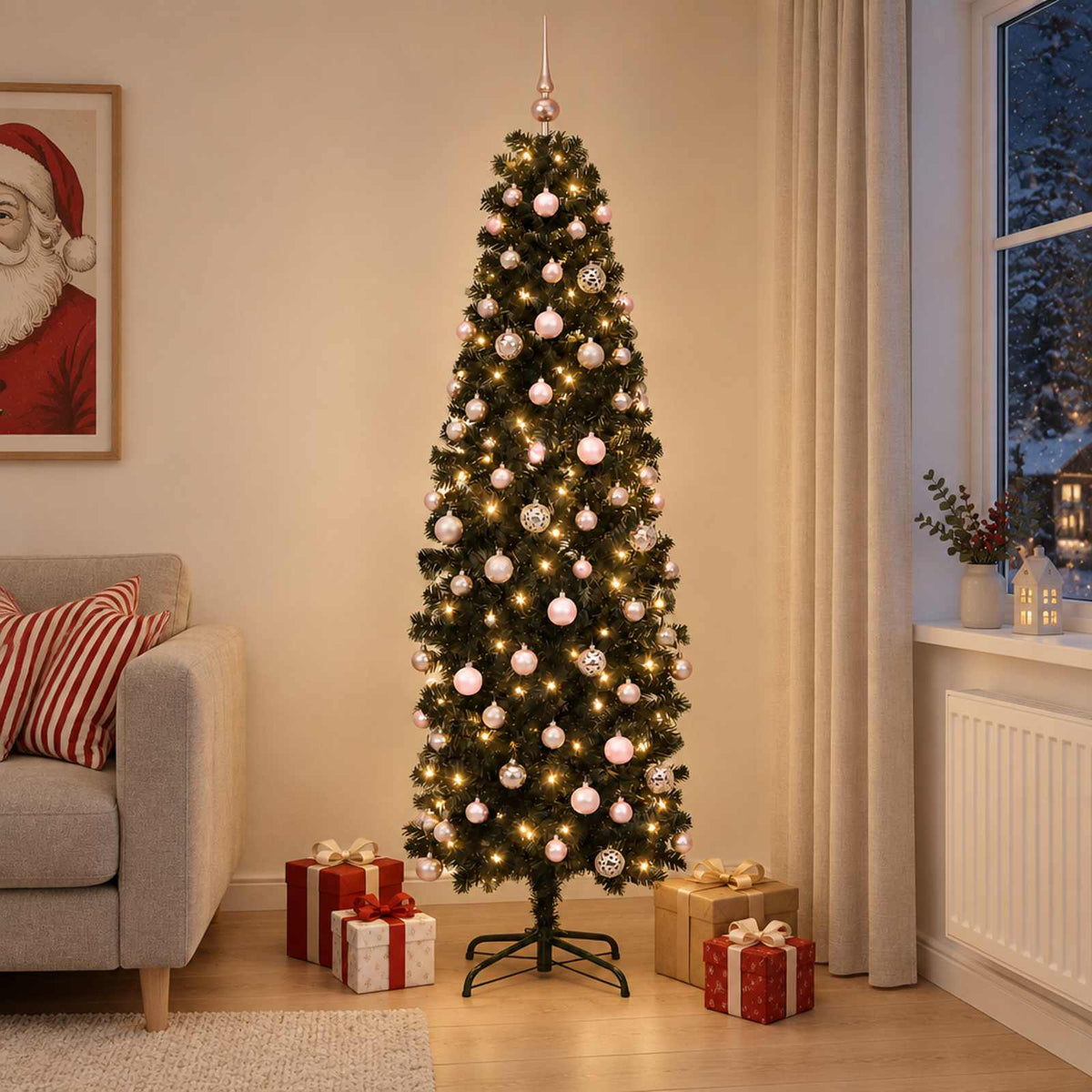 Artificial Slim Christmas Tree with Bauble 210 cm 300 LEDs