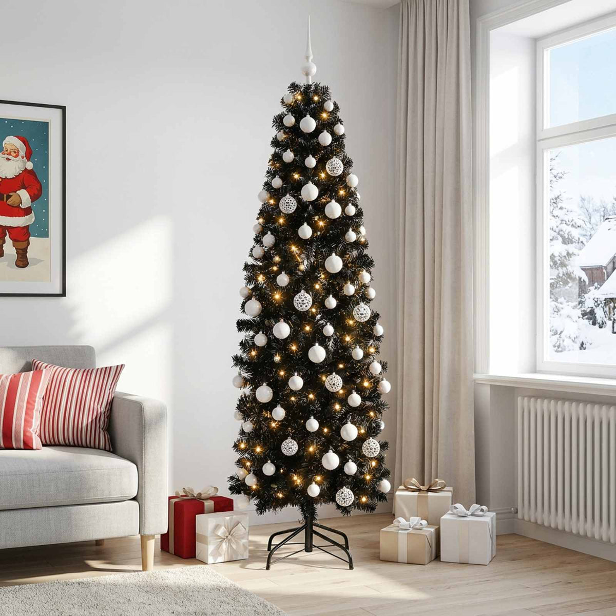 Artificial Slim Christmas Tree with Bauble 210 cm 300 LEDs