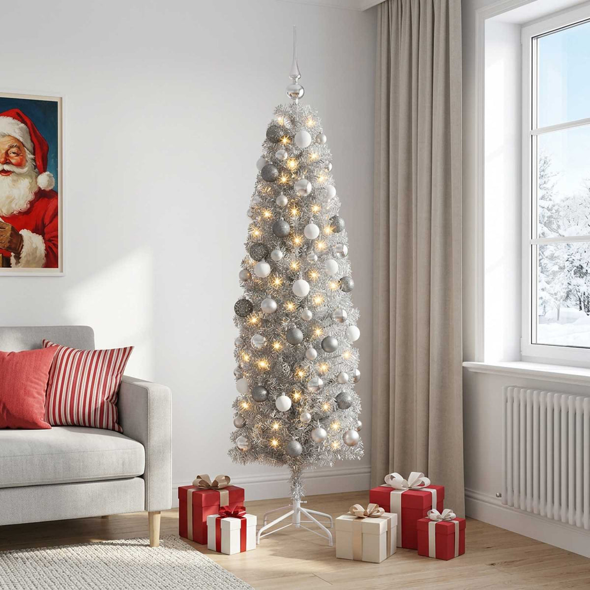 Artificial Slim Christmas Tree with Bauble 240 cm 300 LEDs