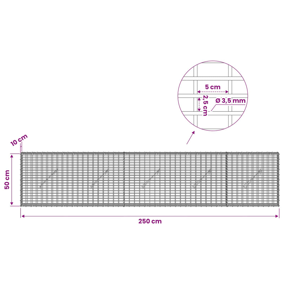 Gabion with 3.5 mm Wire and 5x2.5 cm Mesh 250x10x50 cm