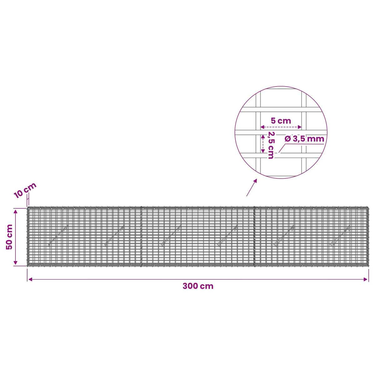 Gabion with 3.5 mm Wire and 5x2.5 cm Mesh 300x10x50 cm