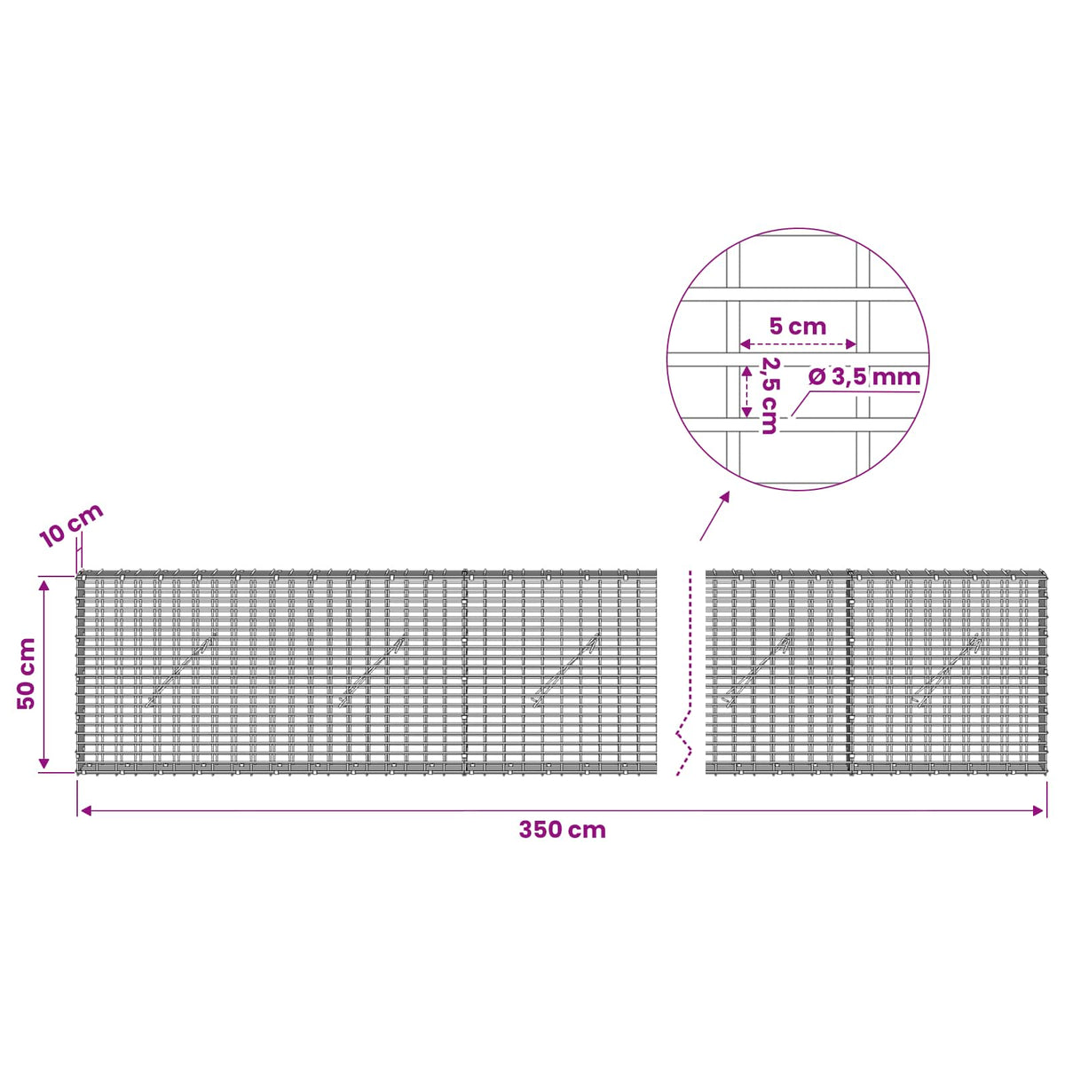 Gabion with 3.5 mm Wire and 5x2.5 cm Mesh 350x10x50 cm