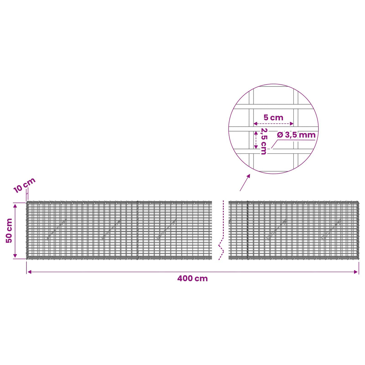 Gabion with 3.5 mm Wire and 5x2.5 cm Mesh 400x10x50 cm