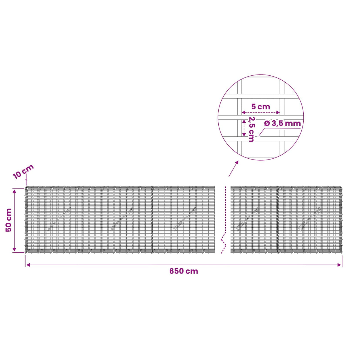 Gabion with 3.5 mm Wire and 5x2.5 cm Mesh 650x10x50 cm