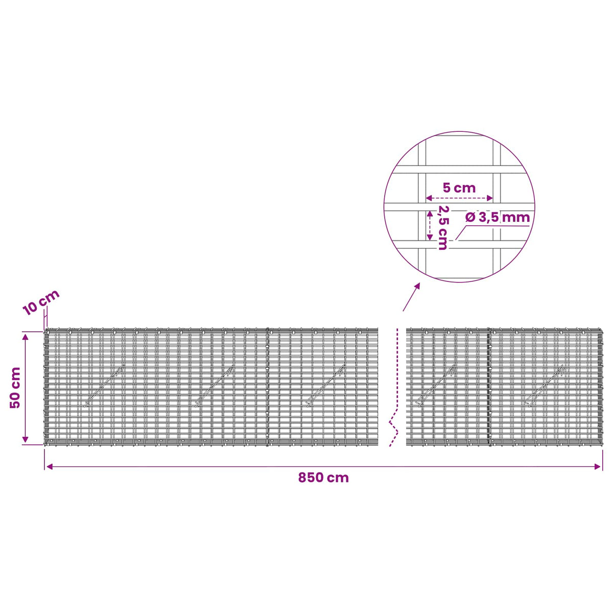 Gabion with 3.5 mm Wire and 5x2.5 cm Mesh 850x10x50 cm
