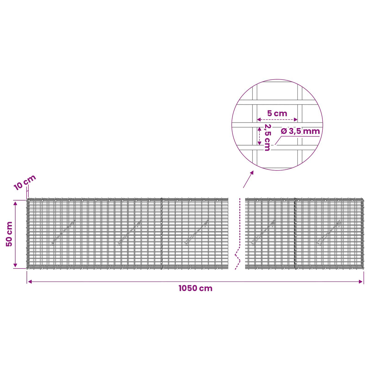 Gabion with 3.5 mm Wire and 5x2.5 cm Mesh 1050x10x50 cm