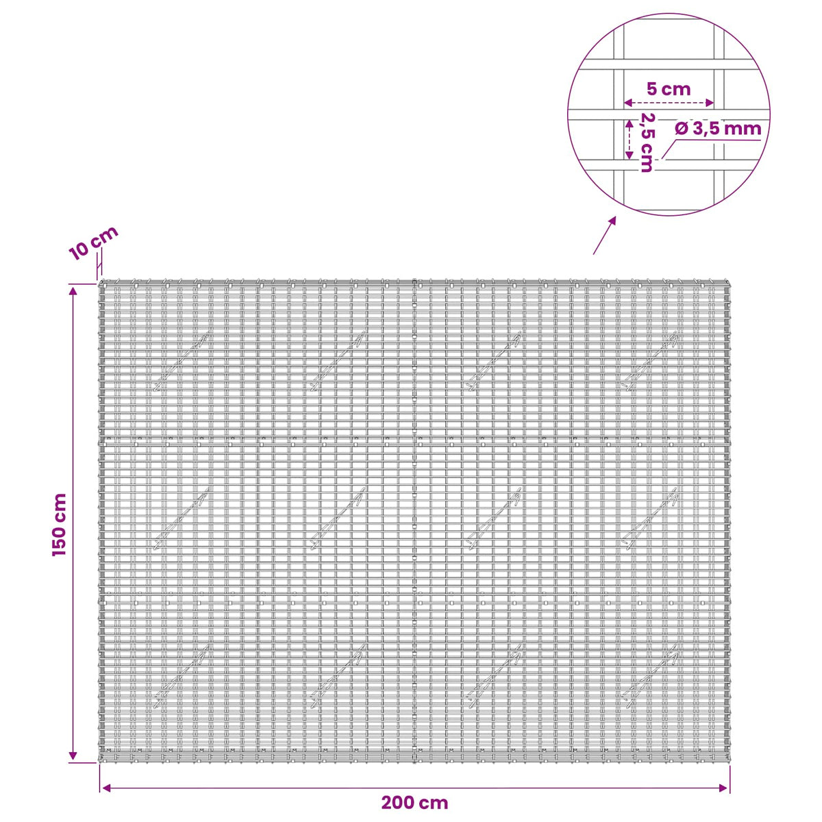 Gabion with 3.5 mm Wire and 5x2.5 cm Mesh 200x10x150 cm