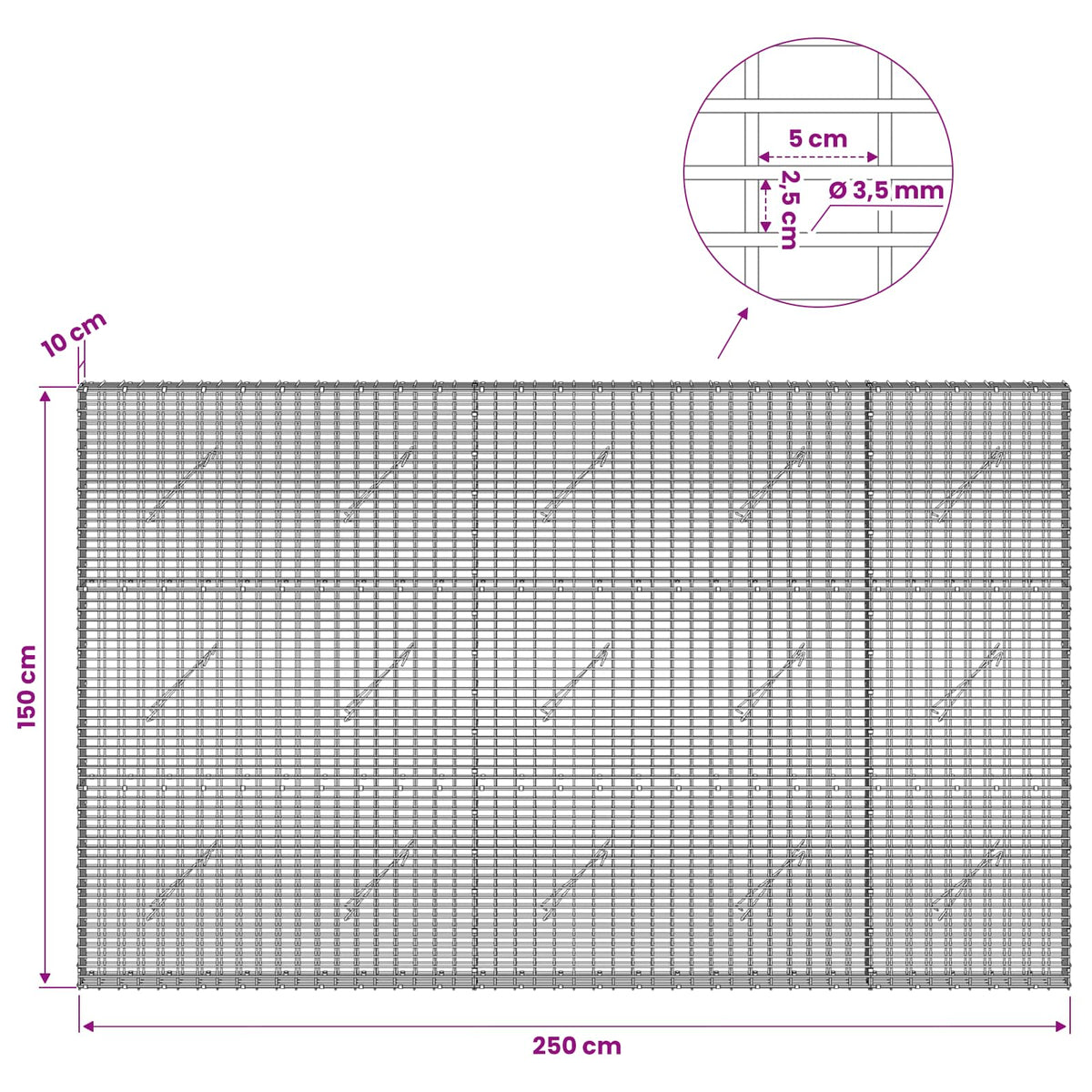 Gabion with 3.5 mm Wire and 5x2.5 cm Mesh 250x10x150 cm