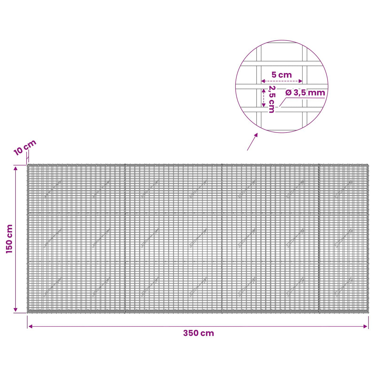 Gabion with 3.5 mm Wire and 5x2.5 cm Mesh 350x10x150 cm