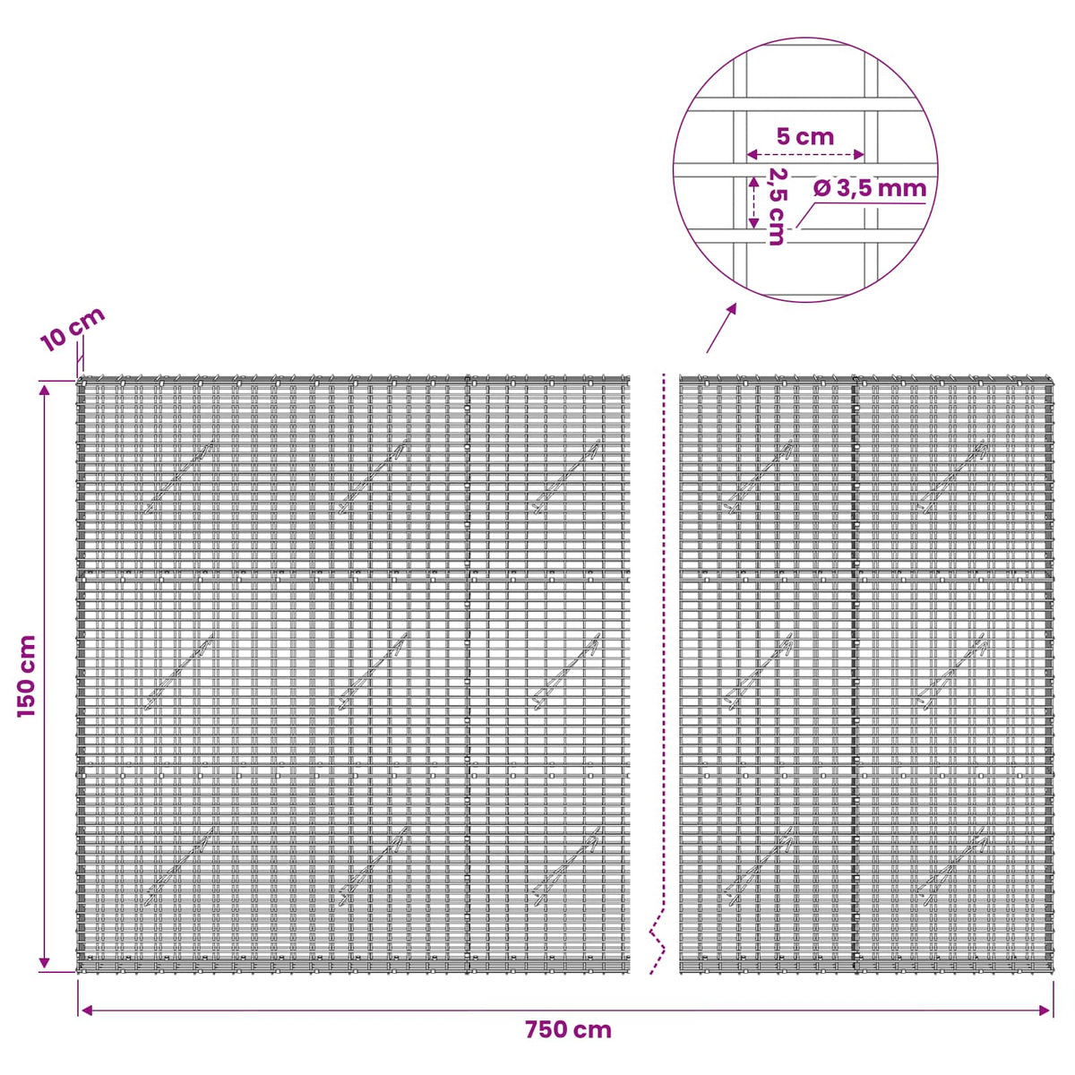Gabion with 3.5 mm Wire and 5x2.5 cm Mesh 750x10x150 cm