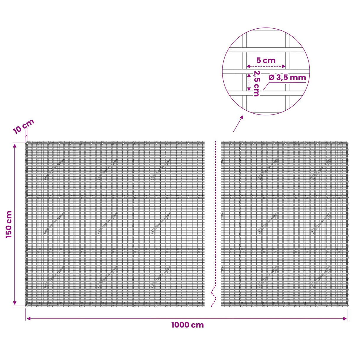 Gabion with 3.5 mm Wire and 5x2.5 cm Mesh 1000x10x150 cm