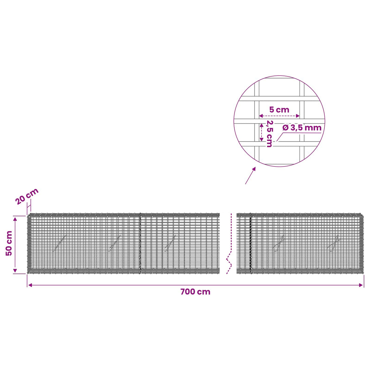 Gabion with 3.5 mm Wire and 5x2.5 cm Mesh 700x20x50 cm