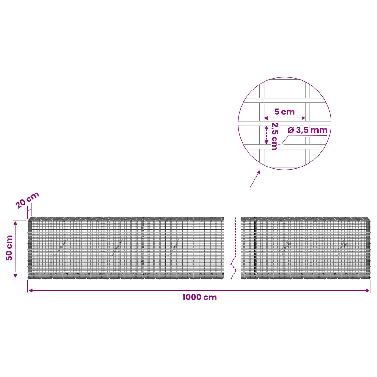 Gabion with 3.5 mm Wire and 5x2.5 cm Mesh 1000x20x50 cm