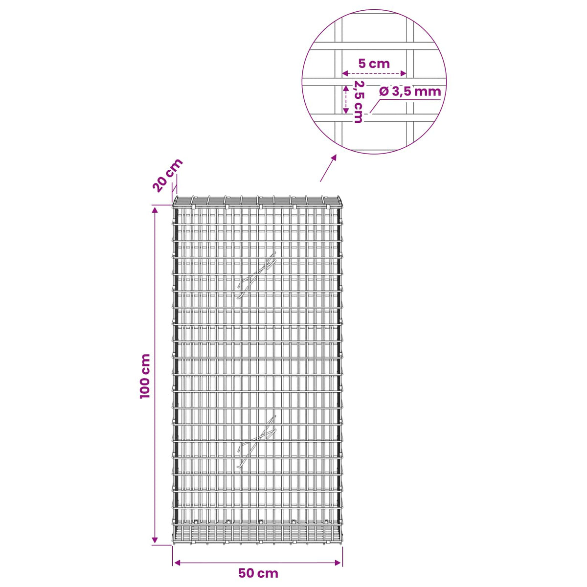 Gabion with 3.5 mm Wire and 5x2.5 cm Mesh 50x20x100 cm