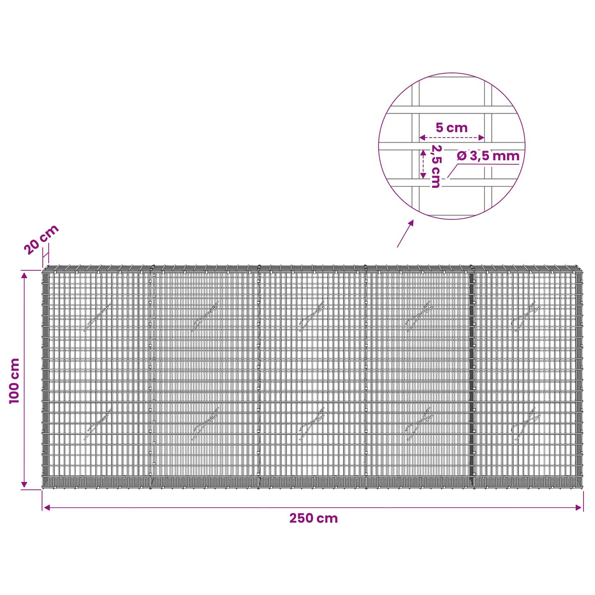 Gabion with 3.5 mm Wire and 5x2.5 cm Mesh 250x20x100 cm