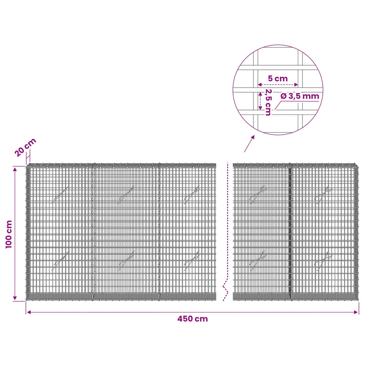 Gabion with 3.5 mm Wire and 5x2.5 cm Mesh 450x20x100 cm