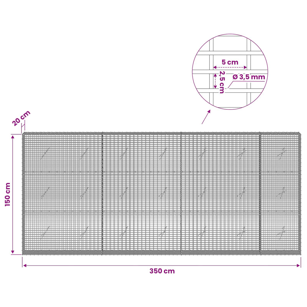 Gabion with 3.5 mm Wire and 5x2.5 cm Mesh 350x20x150 cm