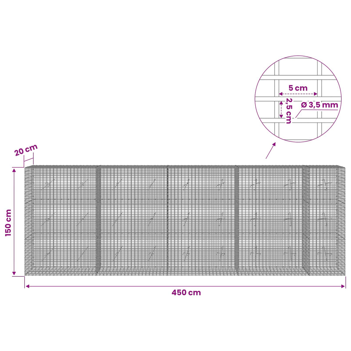 Gabion with 3.5 mm Wire and 5x2.5 cm Mesh 450x20x150 cm