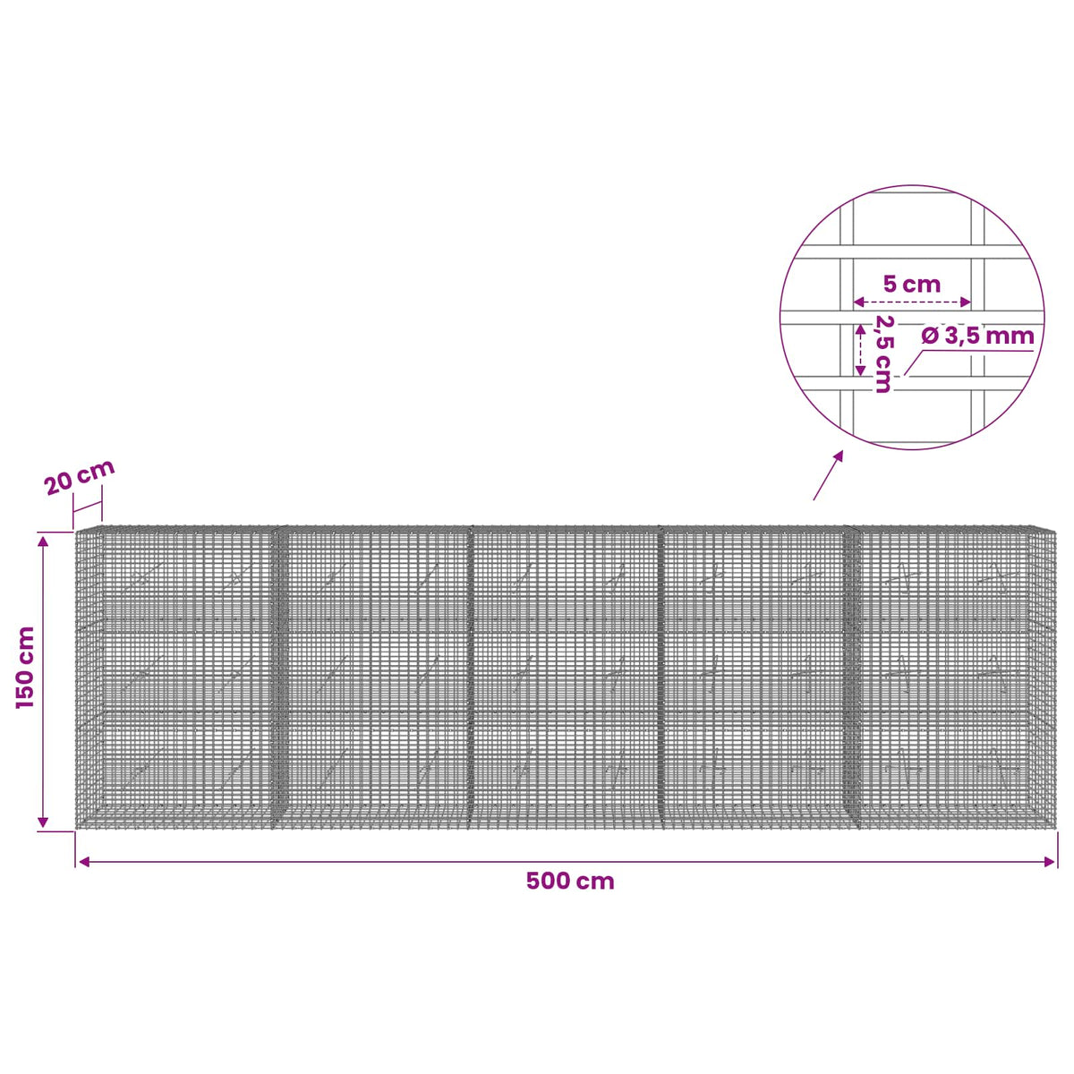 Gabion with 3.5 mm Wire and 5x2.5 cm Mesh 500x20x150 cm