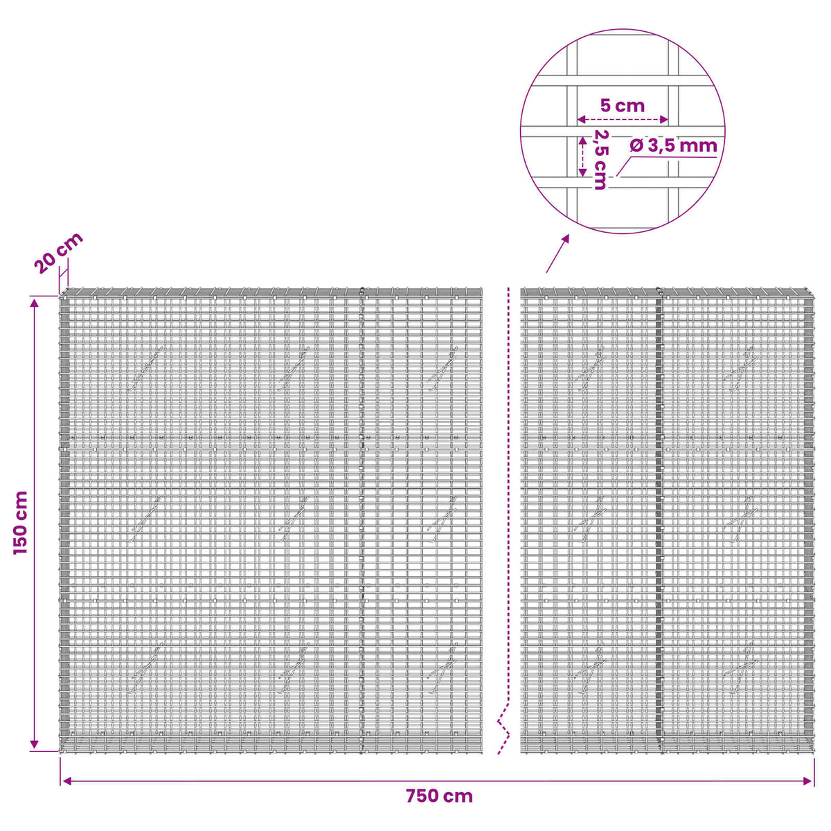 Gabion with 3.5 mm Wire and 5x2.5 cm Mesh 750x20x150 cm