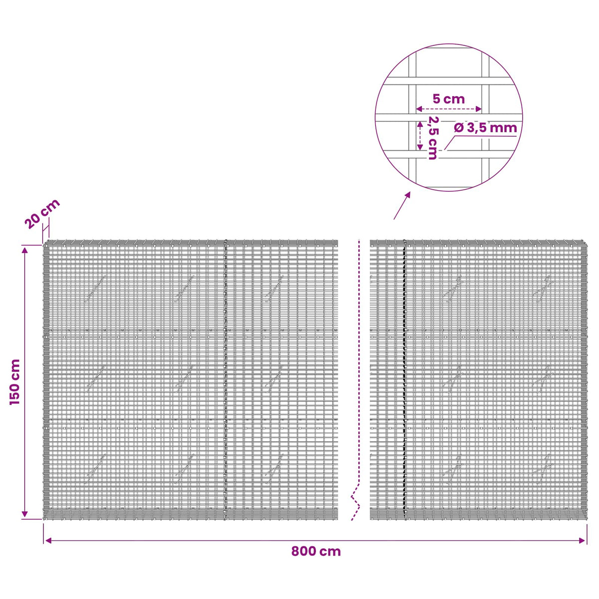 Gabion with 3.5 mm Wire and 5x2.5 cm Mesh 800x20x150 cm