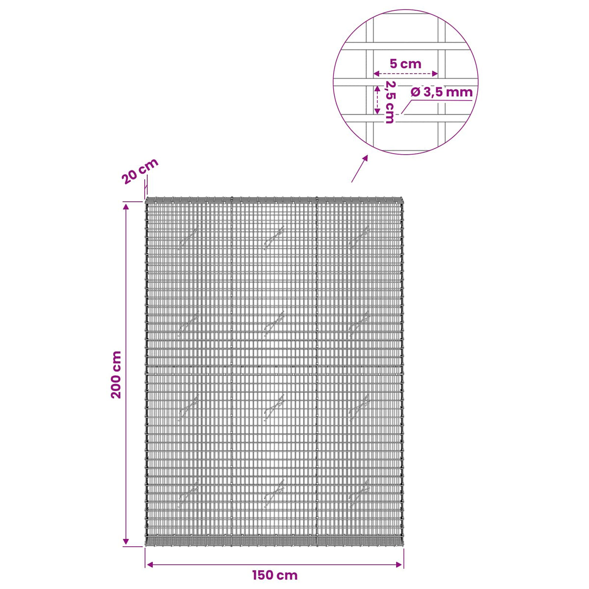 Gabion with 3.5 mm Wire and 5x2.5 cm Mesh 150x20x200 cm