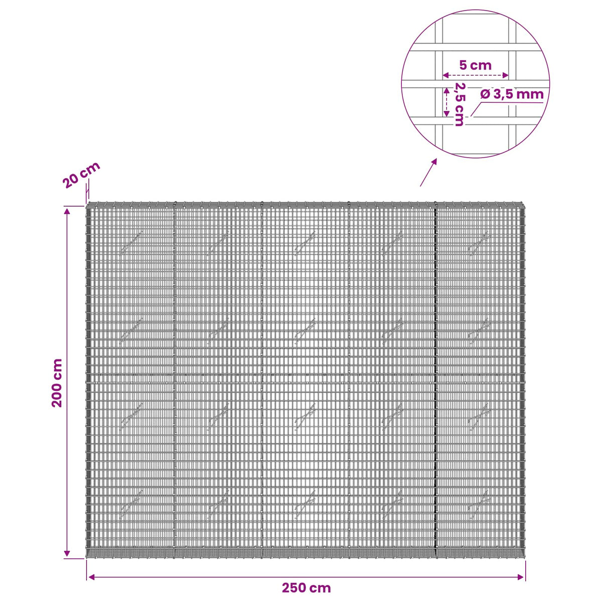 Gabion with 3.5 mm Wire and 5x2.5 cm Mesh 250x20x200 cm
