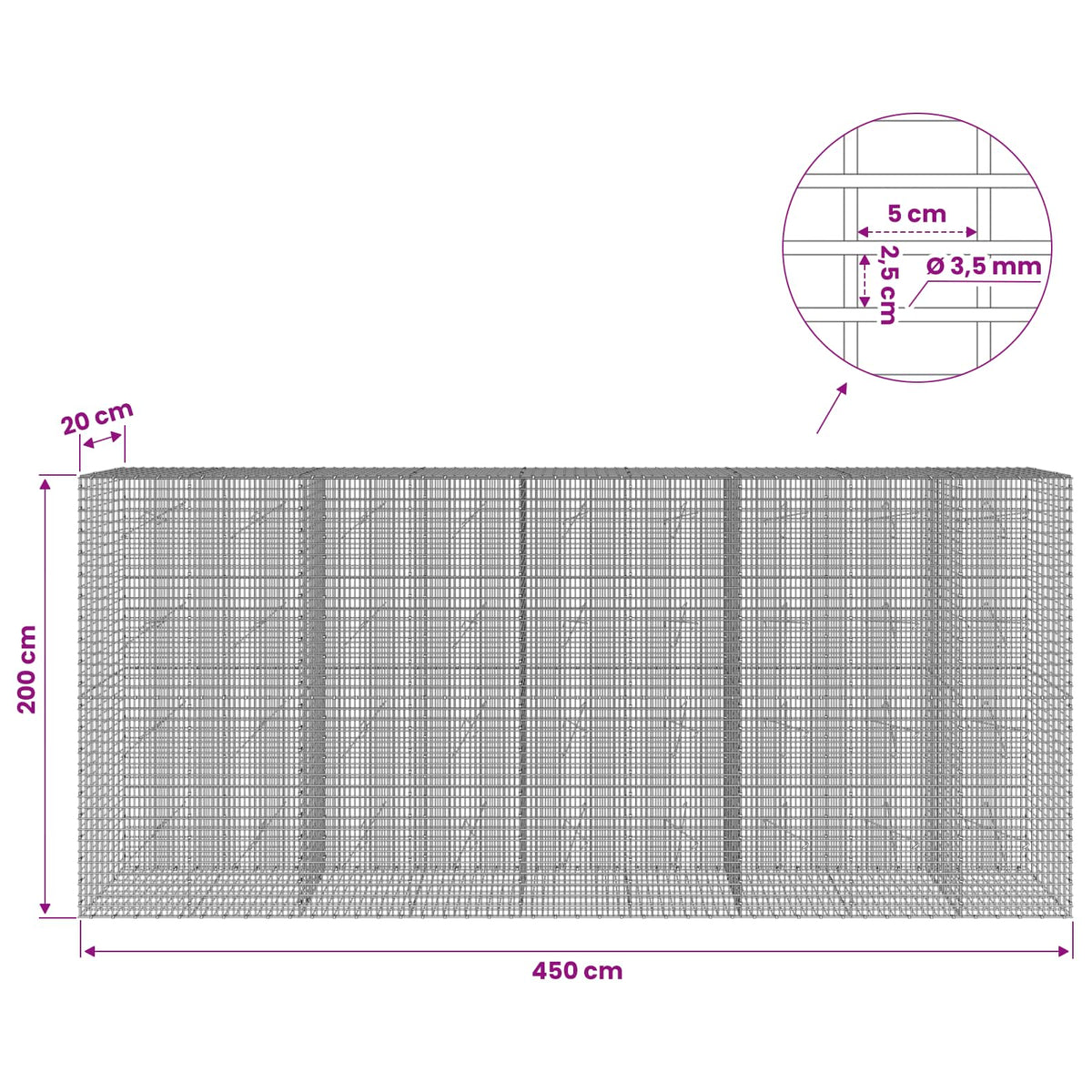 Gabion with 3.5 mm Wire and 5x2.5 cm Mesh 450x20x200 cm