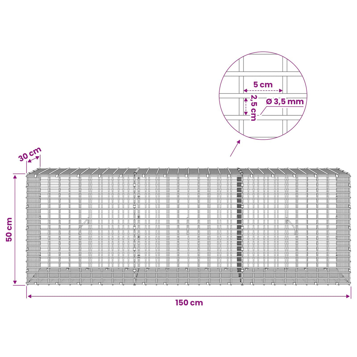Gabion with 3.5 mm Wire and 5x2.5 cm Mesh 150x30x50 cm