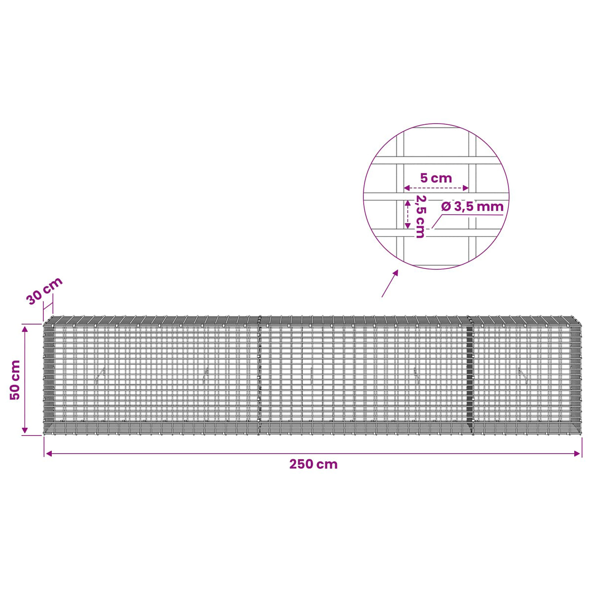 Gabion with 3.5 mm Wire and 5x2.5 cm Mesh 250x30x50 cm