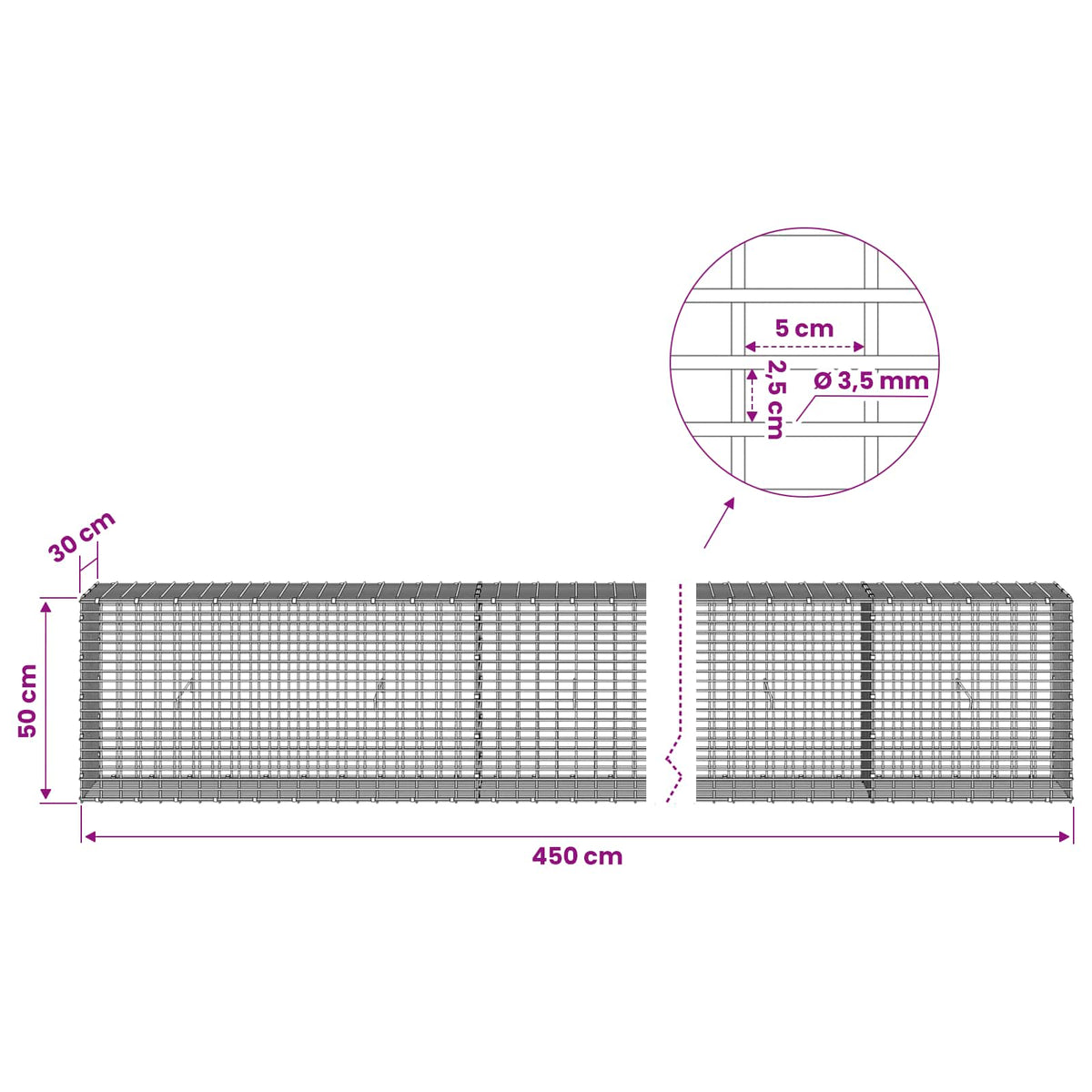 Gabion with 3.5 mm Wire and 5x2.5 cm Mesh 450x30x50 cm
