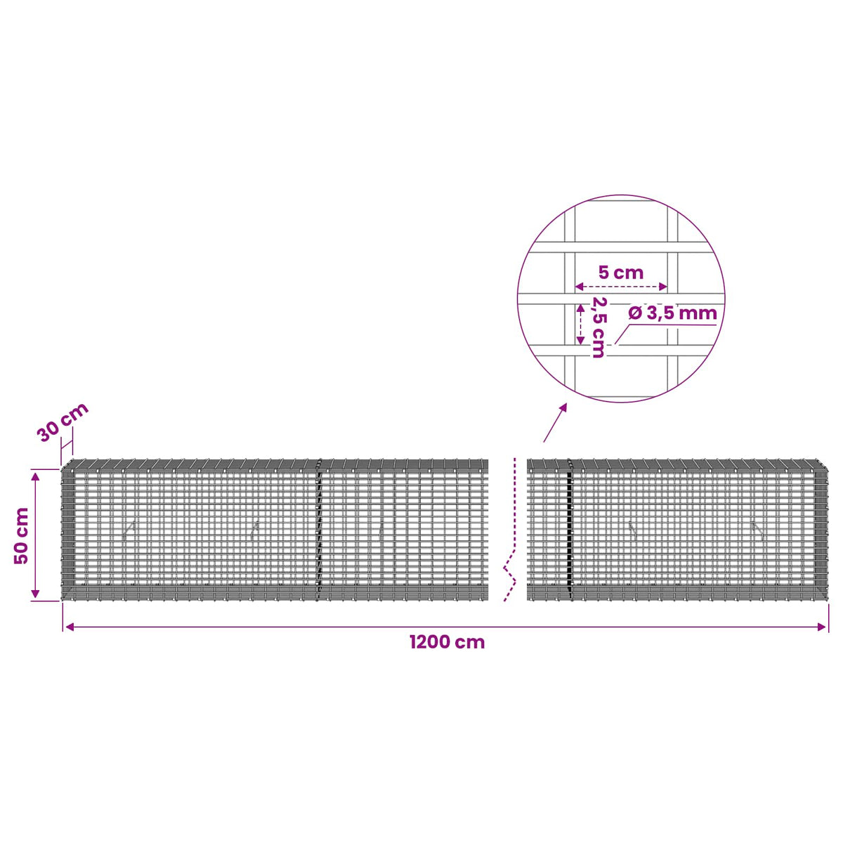 Gabion with 3.5 mm Wire and 5x2.5 cm Mesh 1200x30x50 cm