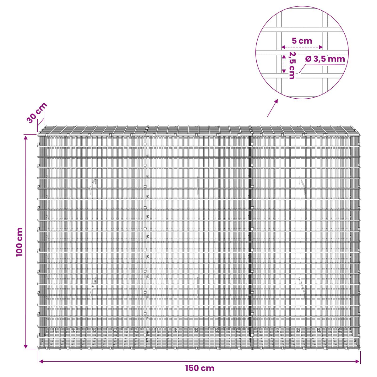 Gabion with 3.5 mm Wire and 5x2.5 cm Mesh 150x30x100 cm