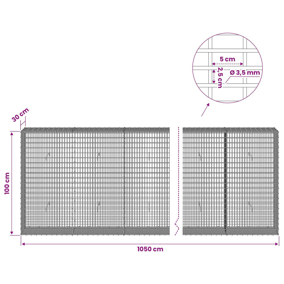 Gabion with 3.5 mm Wire and 5x2.5 cm Mesh 1050x30x100 cm
