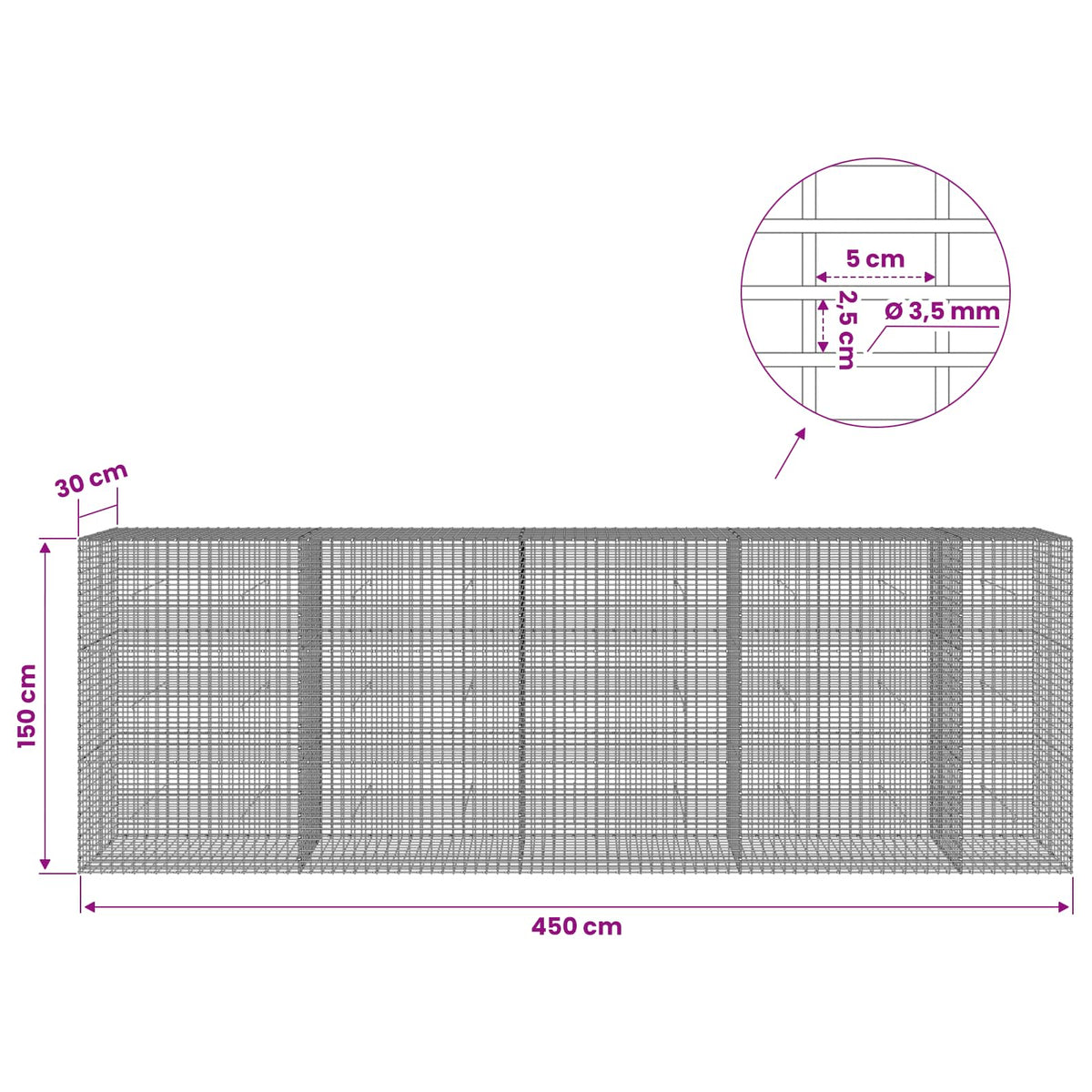 Gabion with 3.5 mm Wire and 5x2.5 cm Mesh 450x30x150 cm