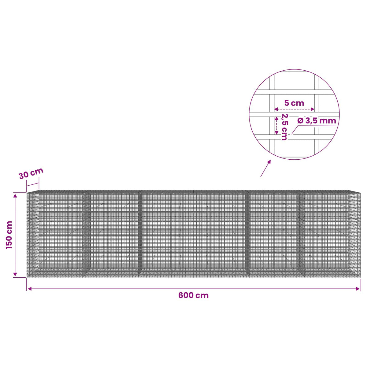 Gabion with 3.5 mm Wire and 5x2.5 cm Mesh 600x30x150 cm
